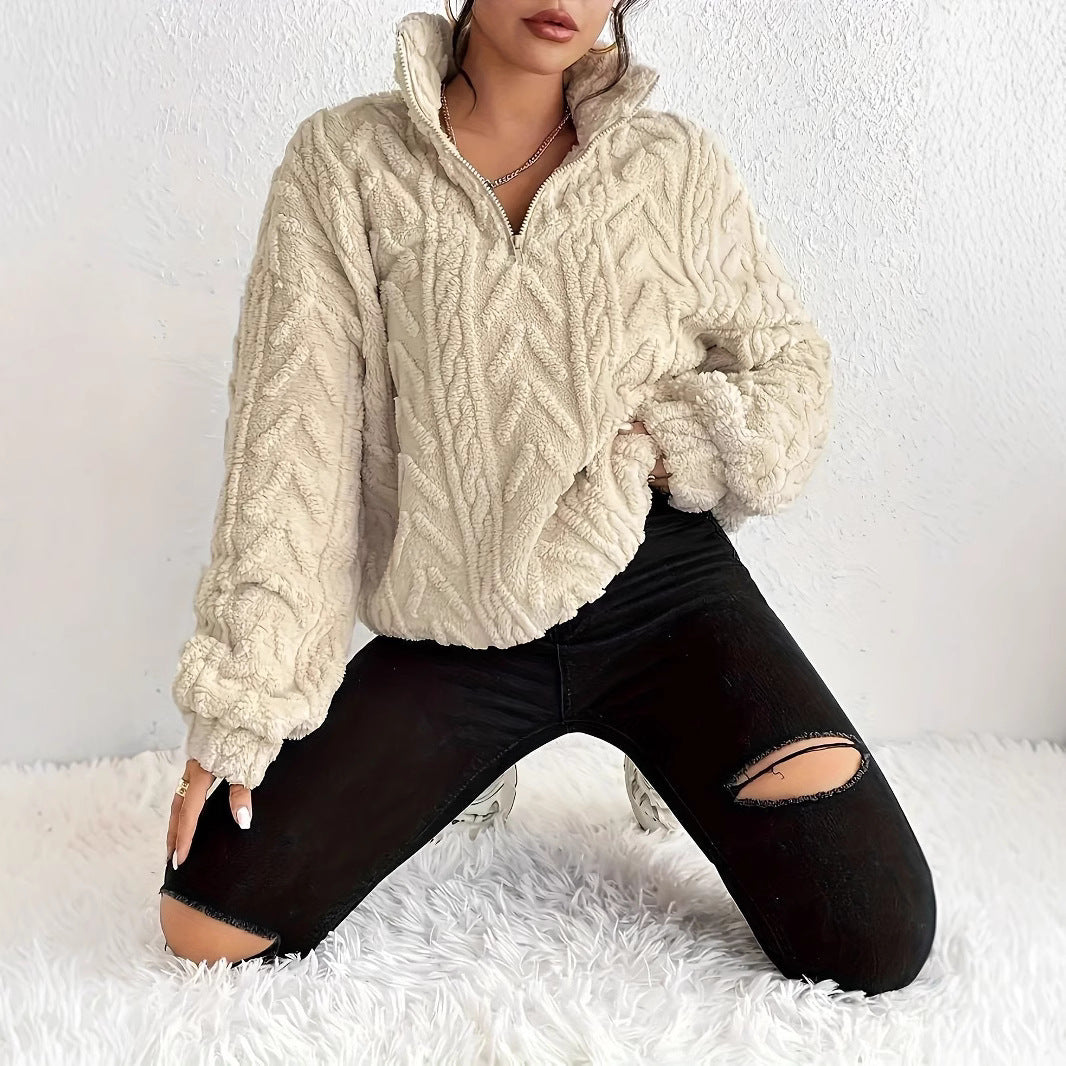 Damen Gemusterter Oversized-Fleece-Pullover mit hohem Kragen R&B
