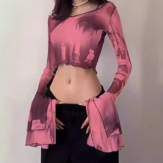 Damen Crop-Top mit transparenten Ärmeln und kunstvollem Druck R&B