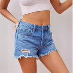 Damen Jeansshorts im distressed Look mit fransigem Saum und hohem Bund R&B