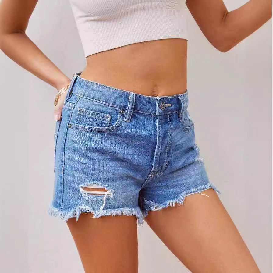 Damen Jeansshorts im distressed Look mit fransigem Saum und hohem Bund R&B