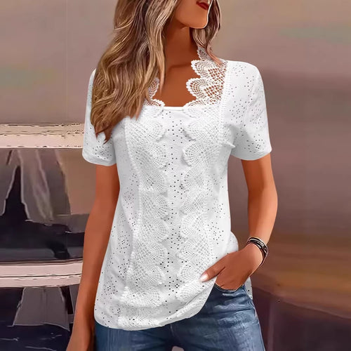 Damen nan Lochstickerei-Bluse mit Spitzenpasse und quadratischem Ausschnitt R&B