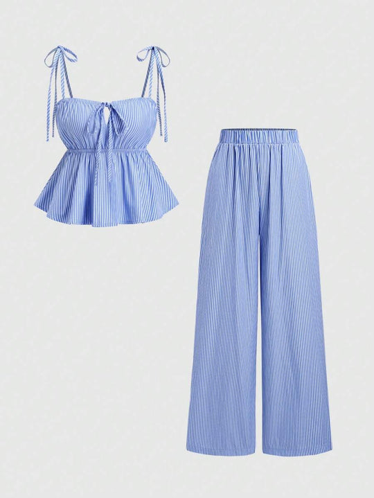 Damen Top und weite Hose Set mit raffinierten Bindebändern R&B