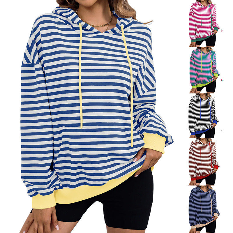 Damen gestreifter Kapuzenpullover mit stylischer Kängurutasche R&B