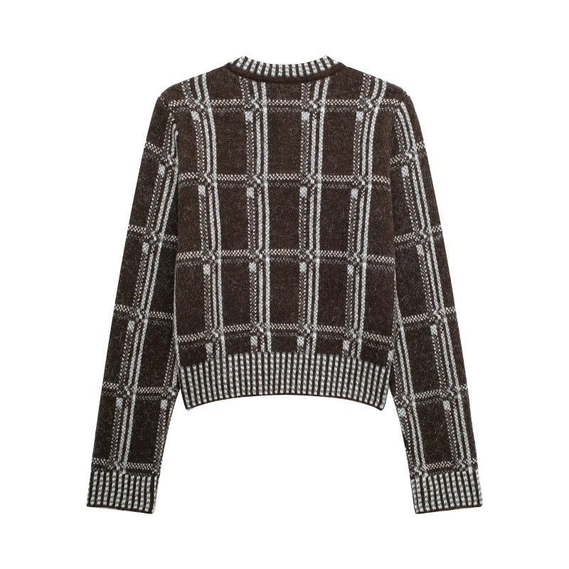 Damen Strickjacke mit modernem Karomuster und Knopfverschluss R&B