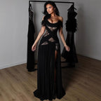 Damen Elegantes Spitzenkleid mit tiefem Schlitz und trägerlosem Schnitt R&B
