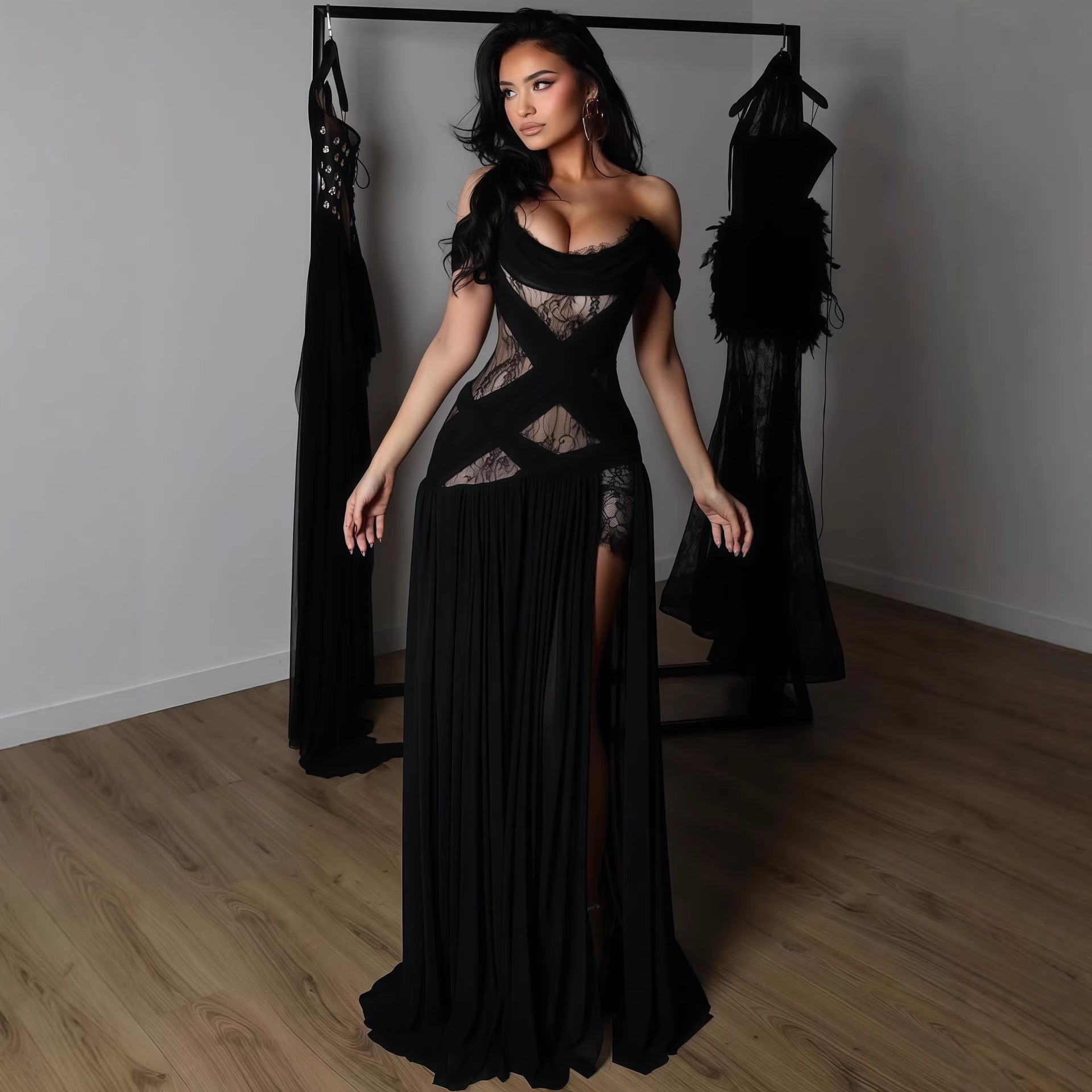 Damen Elegantes Spitzenkleid mit tiefem Schlitz und trägerlosem Schnitt R&B