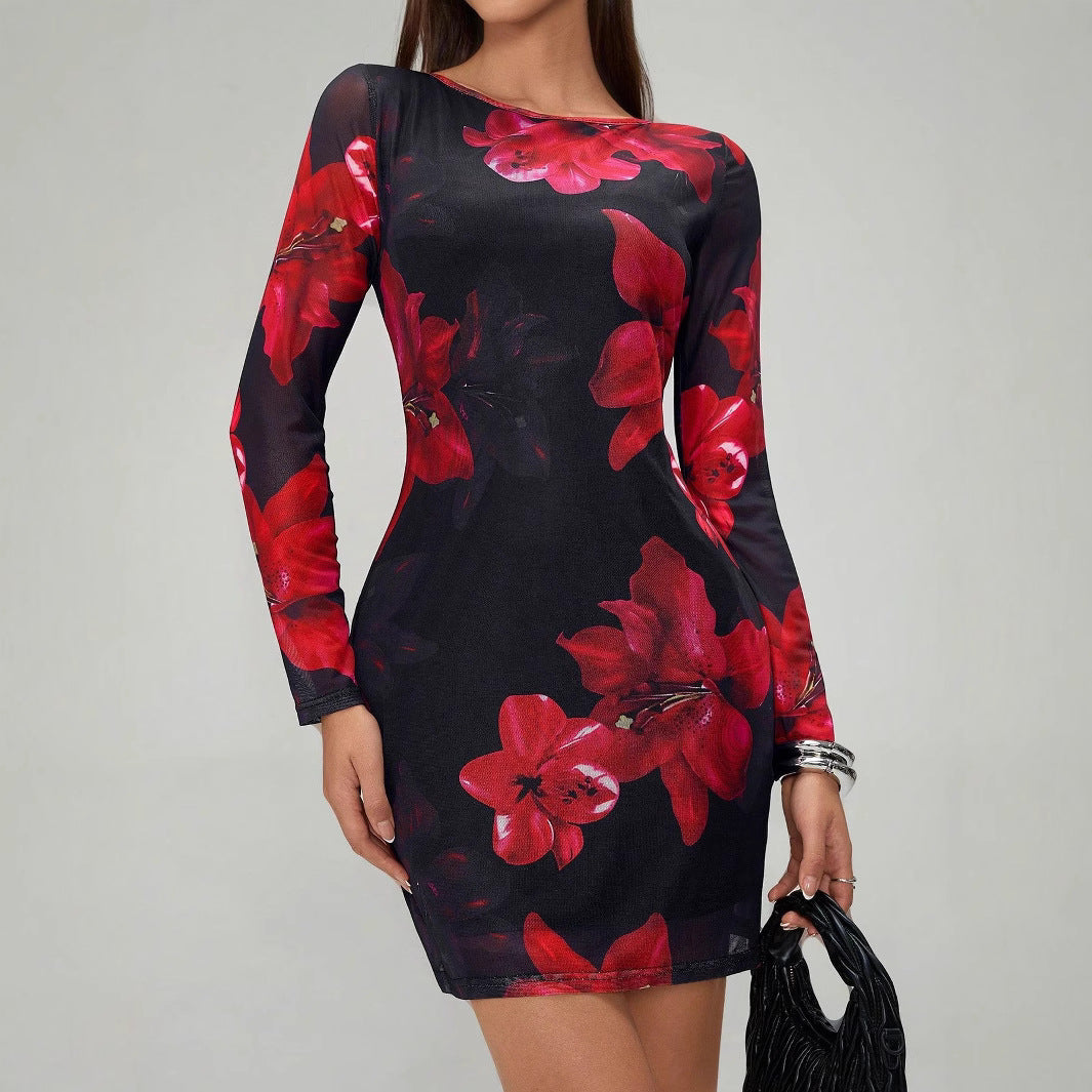 Damen Kleid mit langem Arm und floralem Design R&B