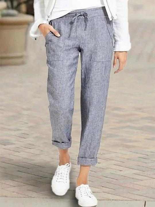 Damen entspannte Leinenhose mit elastischem Bund und praktischen Taschen R&B