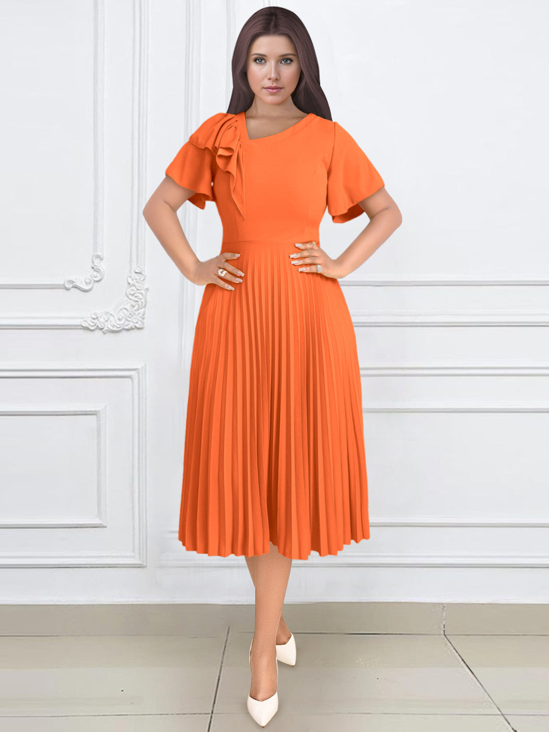 Damen elegantes Plisseekleid mit asymmetrischem Rüschen-Detail R&B