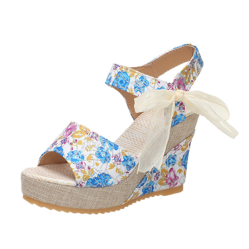 Damen Wedge-Sandalen mit floralem Druck und transparenter Schleifenverzierung R&B