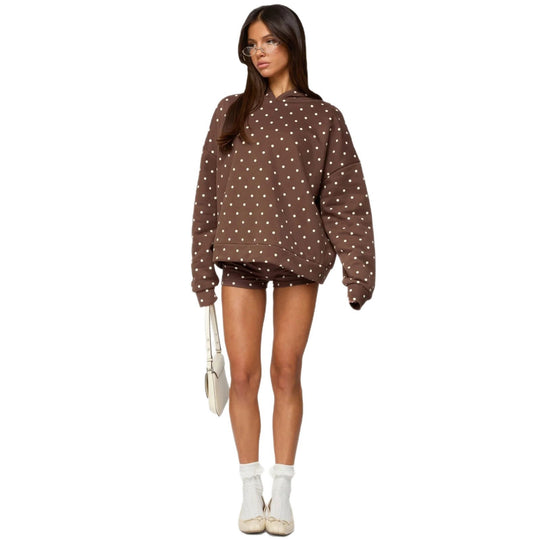 Damen nan gepunktetes Komfort-Set mit Kapuzensweatshirt, Kängurutasche und Shorts R&B