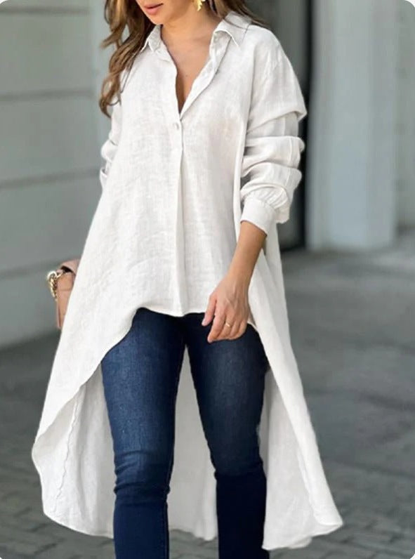 Damen Lässige Langarmbluse mit asymmetrischem Schnitt und Knopfdetails R&B