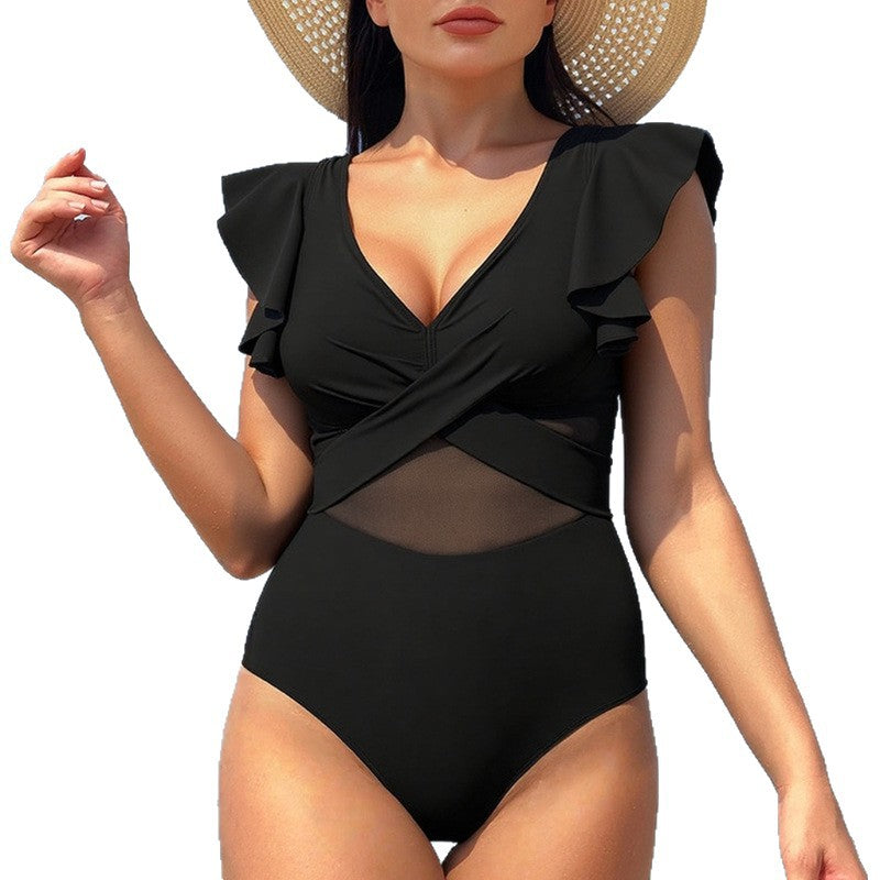 Damen Eleganter Einteiler Badeanzug mit asymmetrischem Rüschendesign R&B