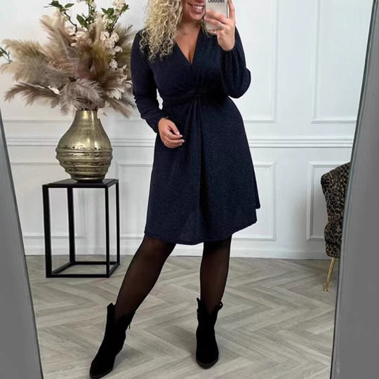 Damen nan knielanges V-Ausschnitt-Kleid mit geraffter Taillenpasse aus leichtem Glanzstrick R&B