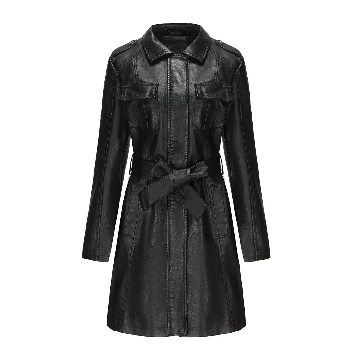 R&B | Schicke Lange Damen PU-Lederjacke mit Taschen