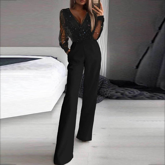 Damen Eleganter Jumpsuit mit transparenten Ärmeln und funkelnden Details R&B