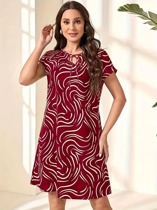 Damen gemütliches Freizeitkleid mit modernem Wellenmuster und Schlüssel-Ausschnitt R&B