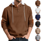 Herren nan strukturierter Kapuzen-Henley-Pullover mit Jacquardstruktur, Knopfleiste und Ellenbogenpatches R&B
