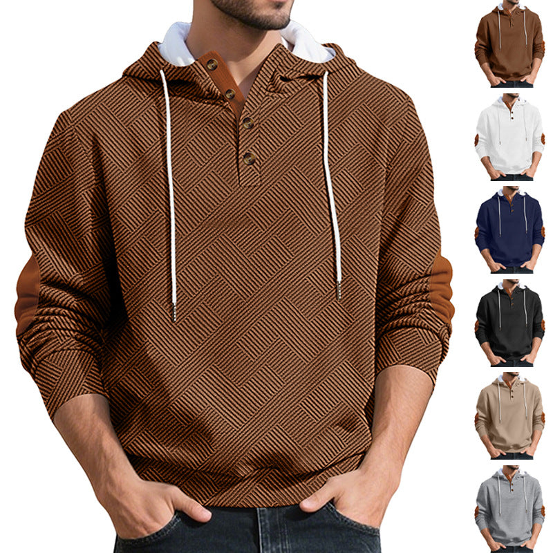 Herren nan strukturierter Kapuzen-Henley-Pullover mit Jacquardstruktur, Knopfleiste und Ellenbogenpatches R&B