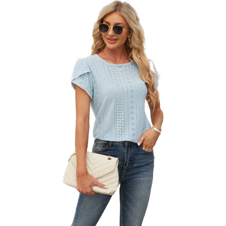 Damen Elegante Bluse mit Rüschenärmeln und Lochmuster R&B