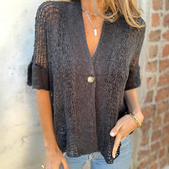 Damen Strickbluse mit leichtem Gewebe und dekorativem Knopf R&B