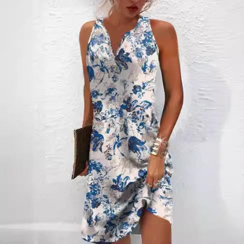 Damen, lässiges Sommerkleid mit V-Ausschnitt und asymmetrischem Saum R&B