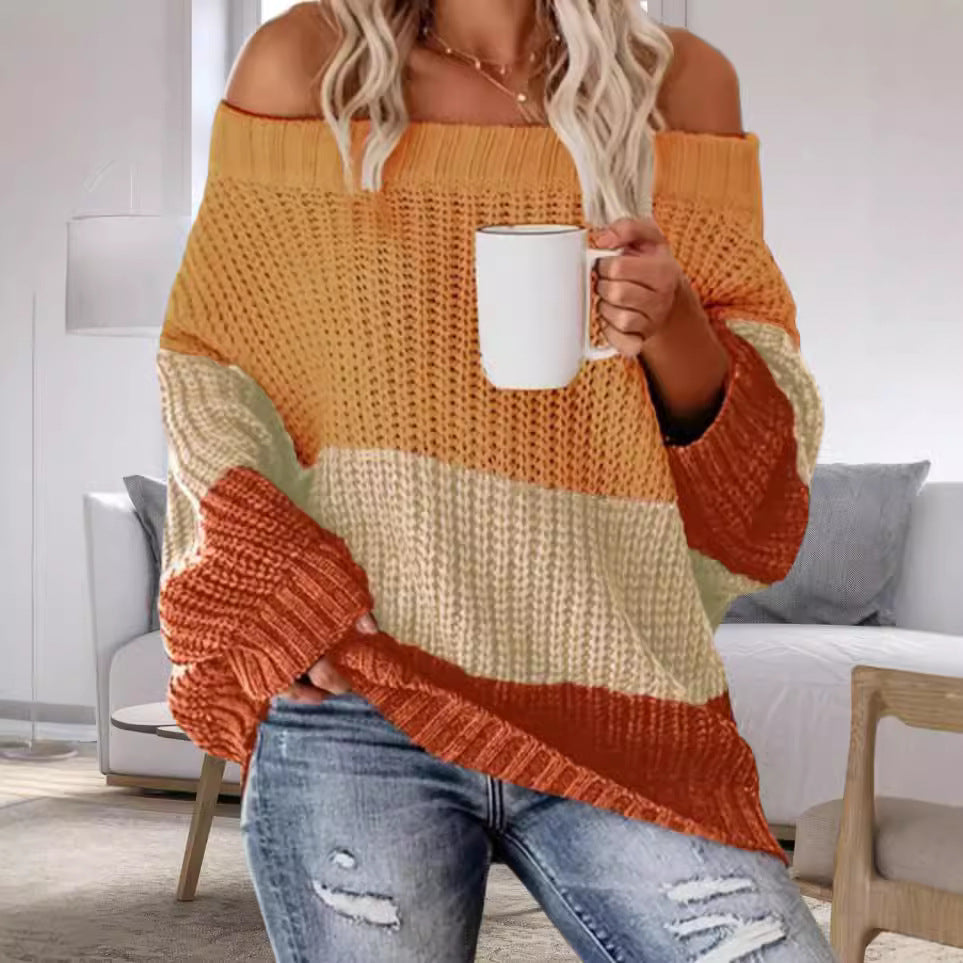 Damen Lässiger Overzise-Strickpullover mit Off-Shoulder-Ausschnitt und angesagtem Farbblockdesign R&B