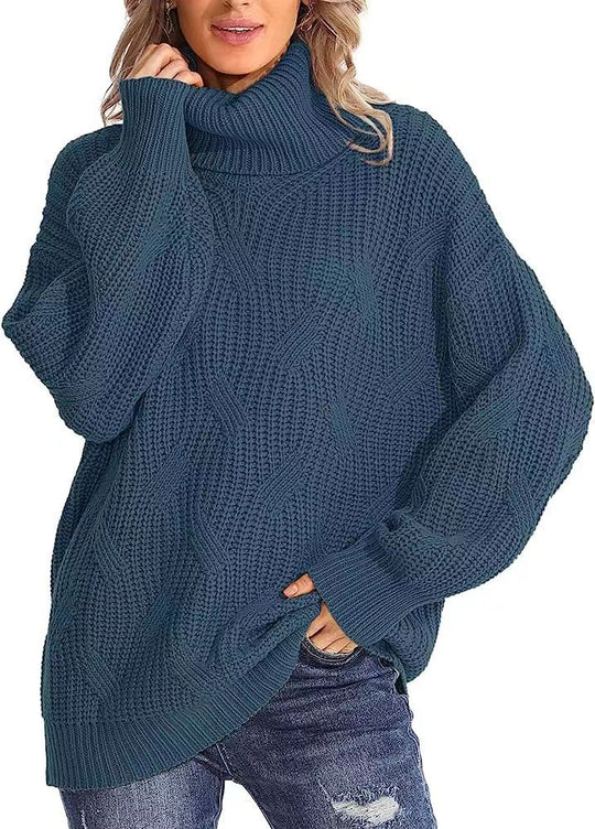 Damen Grobstrickpullover mit hohem Kragen und strukturiertem Zopfmuster R&B