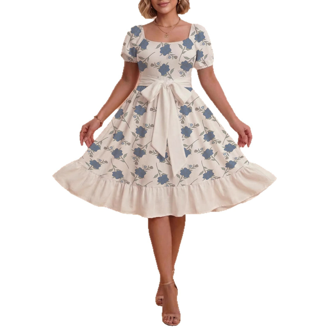 Damen Blumenkleid mit taillierbarem Gürtel und voluminösen Ärmeln R&B