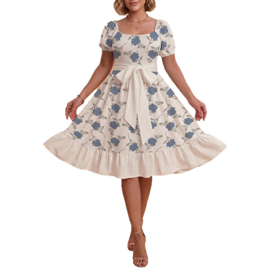 Damen Blumenkleid mit taillierbarem Gürtel und voluminösen Ärmeln R&B
