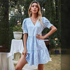 Damen Gingham-Kleid mit Volant und Puffärmeln R&B
