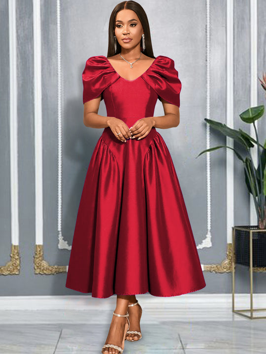 Damen Elegantes Satin Abendkleid mit voluminösen Puffärmeln R&B