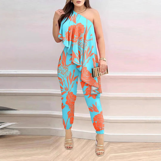 Damen Elegantes Einteiler-Outfit mit asymmetrischem Schnitt und floralen Akzenten R&B