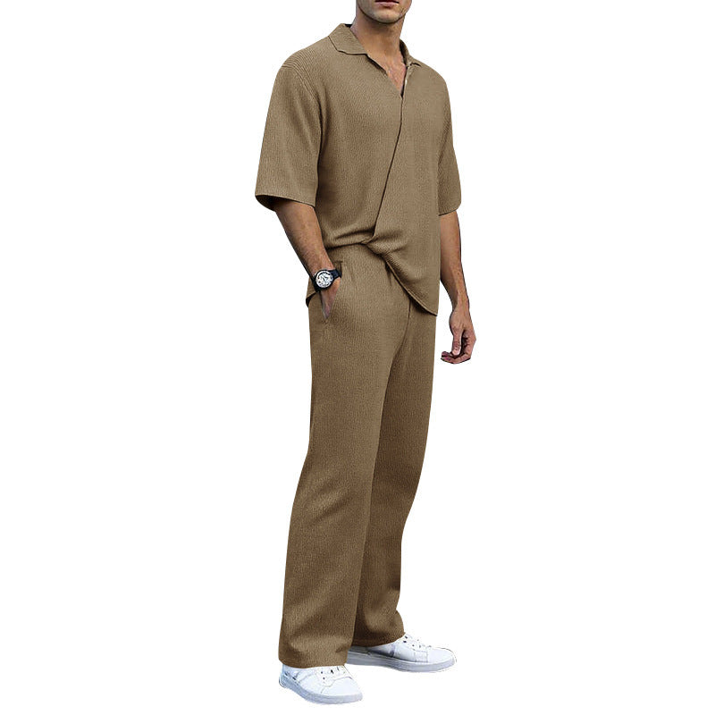 Herren nan feinstrukturierter Zweiteiler mit offenem Polokragen Kurzarmshirt und gerader Komfortbundhose R&B