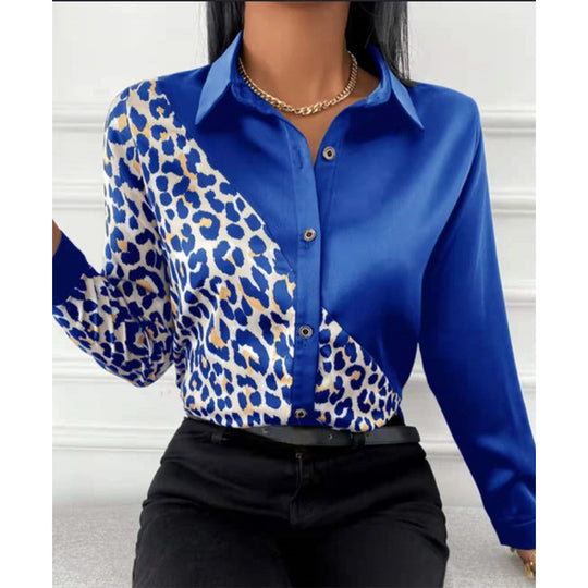 Damen Satinbluse mit asymmetrischem Leo-Design und glamouröser Knopfleiste R&B