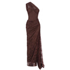 Damen elegantes Abendkleid mit asymmetrischem One-Shoulder-Design und floralem Spitzenbesatz R&B