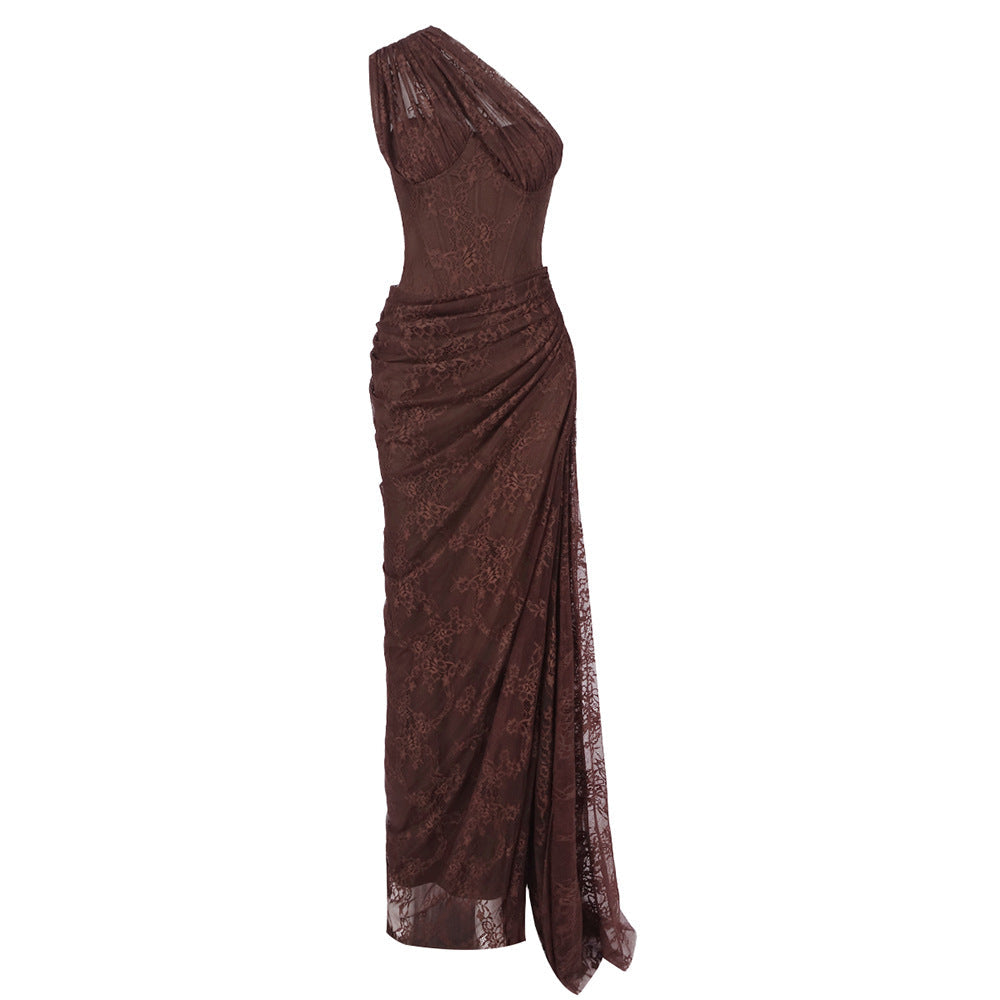 Damen elegantes Abendkleid mit asymmetrischem One-Shoulder-Design und floralem Spitzenbesatz R&B