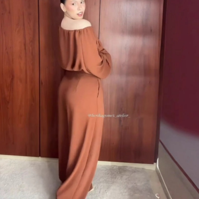 Damen Modisches Zweiteiler-Set mit schulterfreiem Oberteil und weitem Hosen R&B
