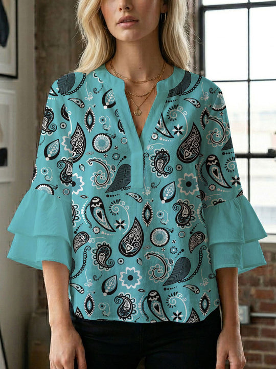 Damen Bluse mit voluminösen Flügelärmel und intensivem Blattmuster R&B