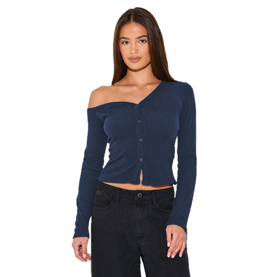 Damen Off-Shoulder Cropped Cardigan mit Knopfleiste R&B
