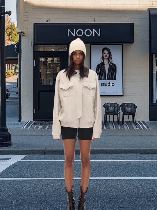 Damen Kunstlederjacke mit abnehmbarer Kapuze und voluminösen Ärmeln R&B