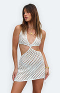 Damen gehäkeltes Strandkleid mit tiefem V-Ausschnitt und raffiniertem Cut-Out R&B