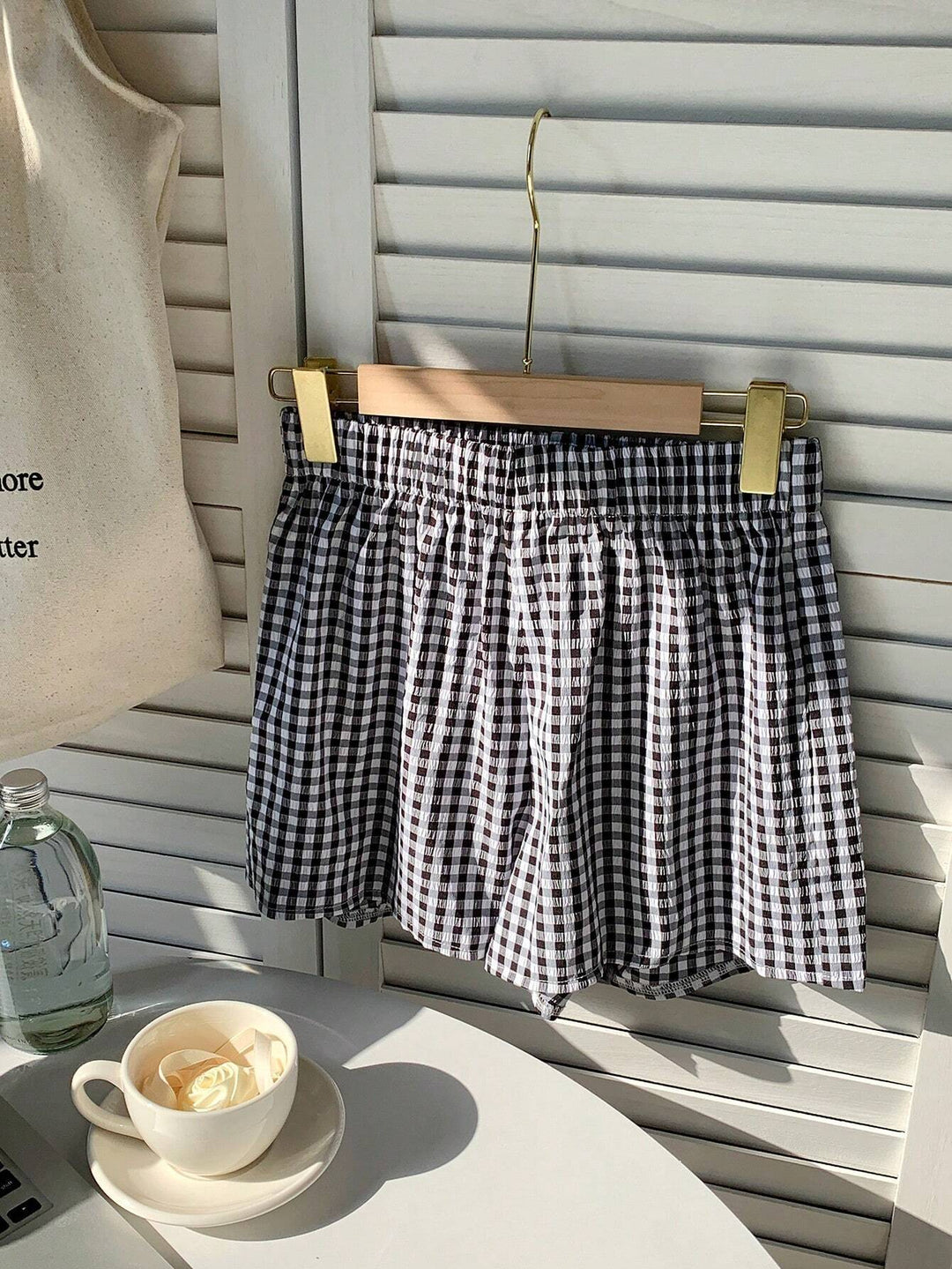 Damen luftige Karoshorts mit elastischem Bund und seitlichen Taschen R&B