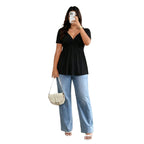 Damen Kurzarm-Bluse mit raffiniertem Wickeldesign und V-Ausschnitt R&B
