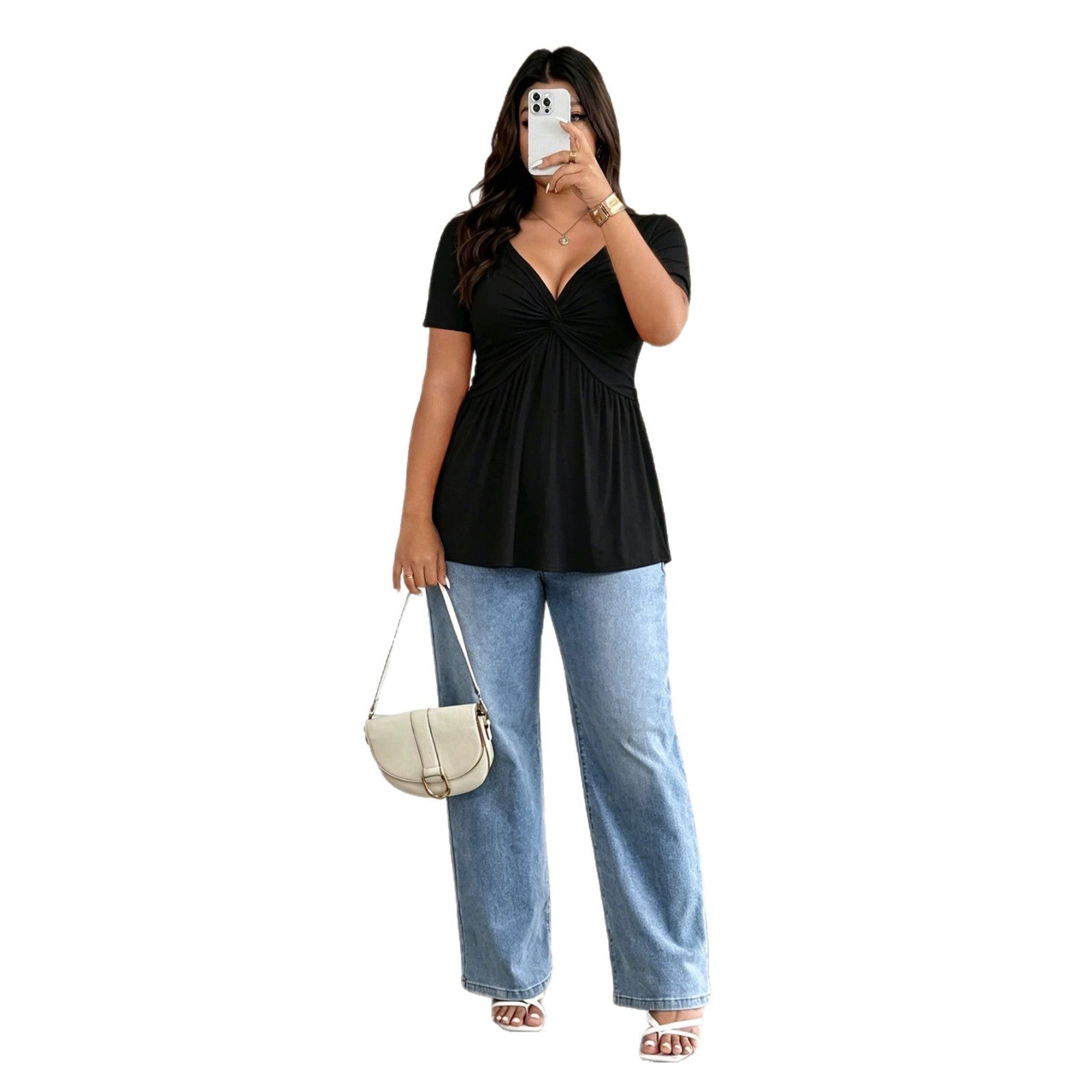 Damen Kurzarm-Bluse mit raffiniertem Wickeldesign und V-Ausschnitt R&B