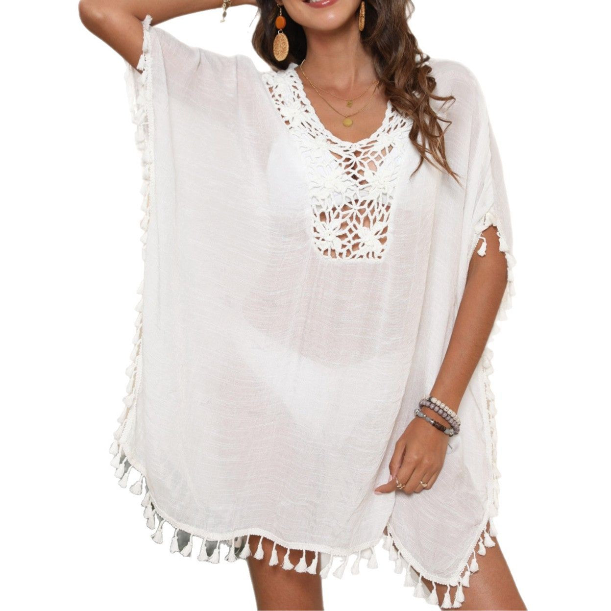 Damen luftiger Beach-Poncho mit gehäkeltem Ausschnitt und verspielten Fransen R&B