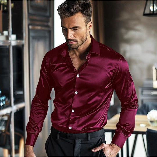 Herren elegantes Langarmhemd aus luxuriösem Satin R&B