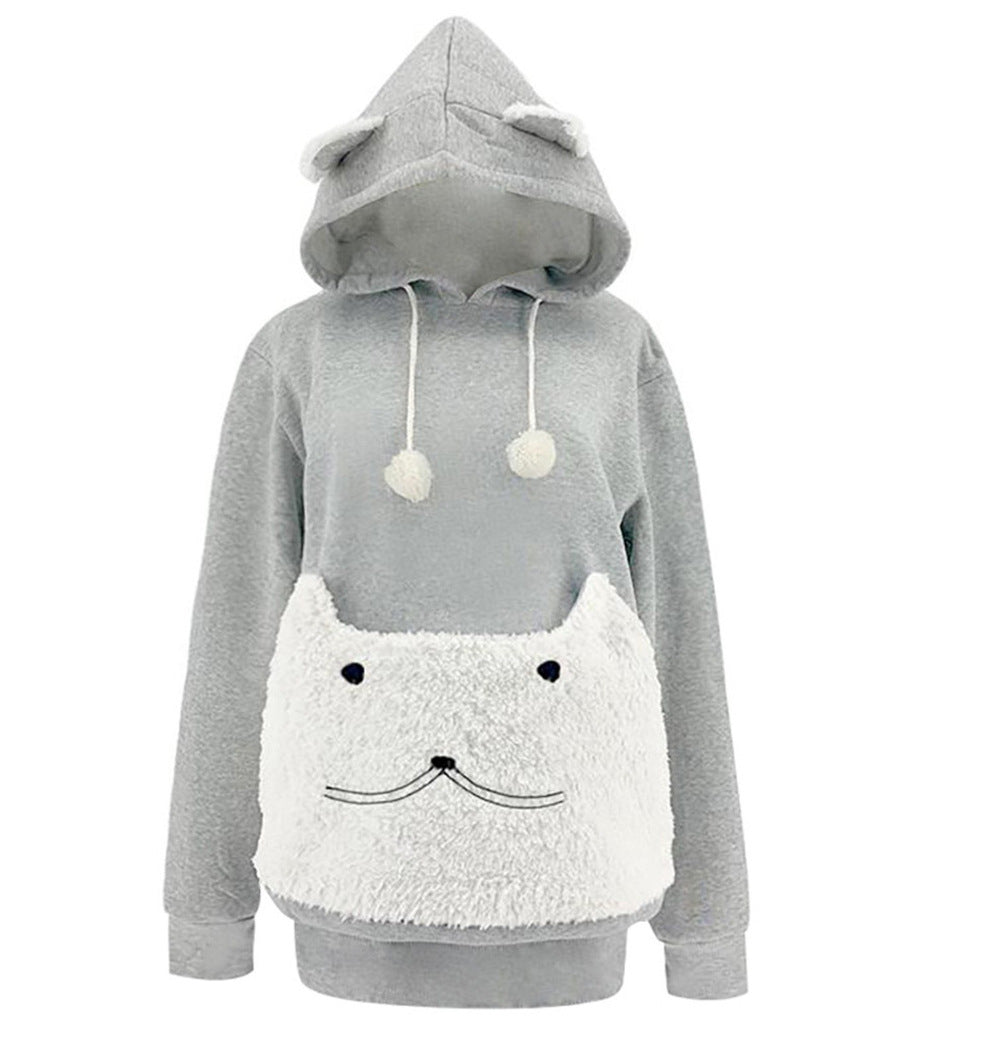 Damen Kuscheliger Kapuzenpullover mit Katzenmotiv und praktischer Känguru-Tasche R&B