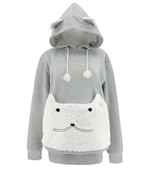 Damen Kuscheliger Kapuzenpullover mit Katzenmotiv und praktischer Känguru-Tasche R&B