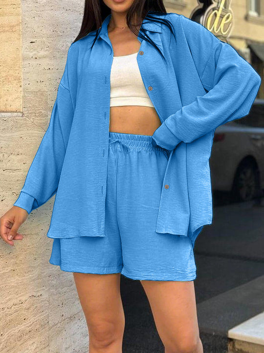Damen lässiges Kurzarm-Set mit geknöpfter Bluse und bequemen Shorts R&B